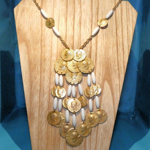 Vintage Hercules Coin Necklace Hercule Roman God White Beads Gold Tone Chain